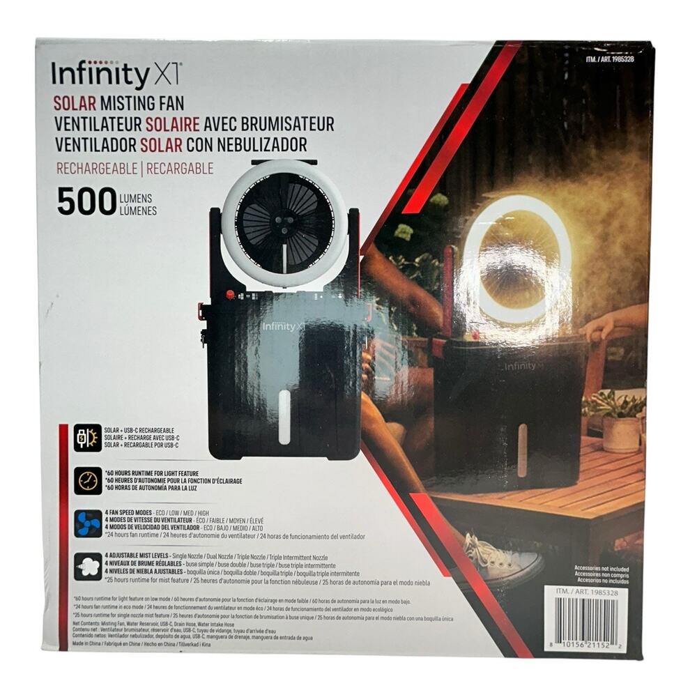 Infinity X1 Solar Misting Fan Rechargeable 500 Lumens USB-C Outdoor Camping